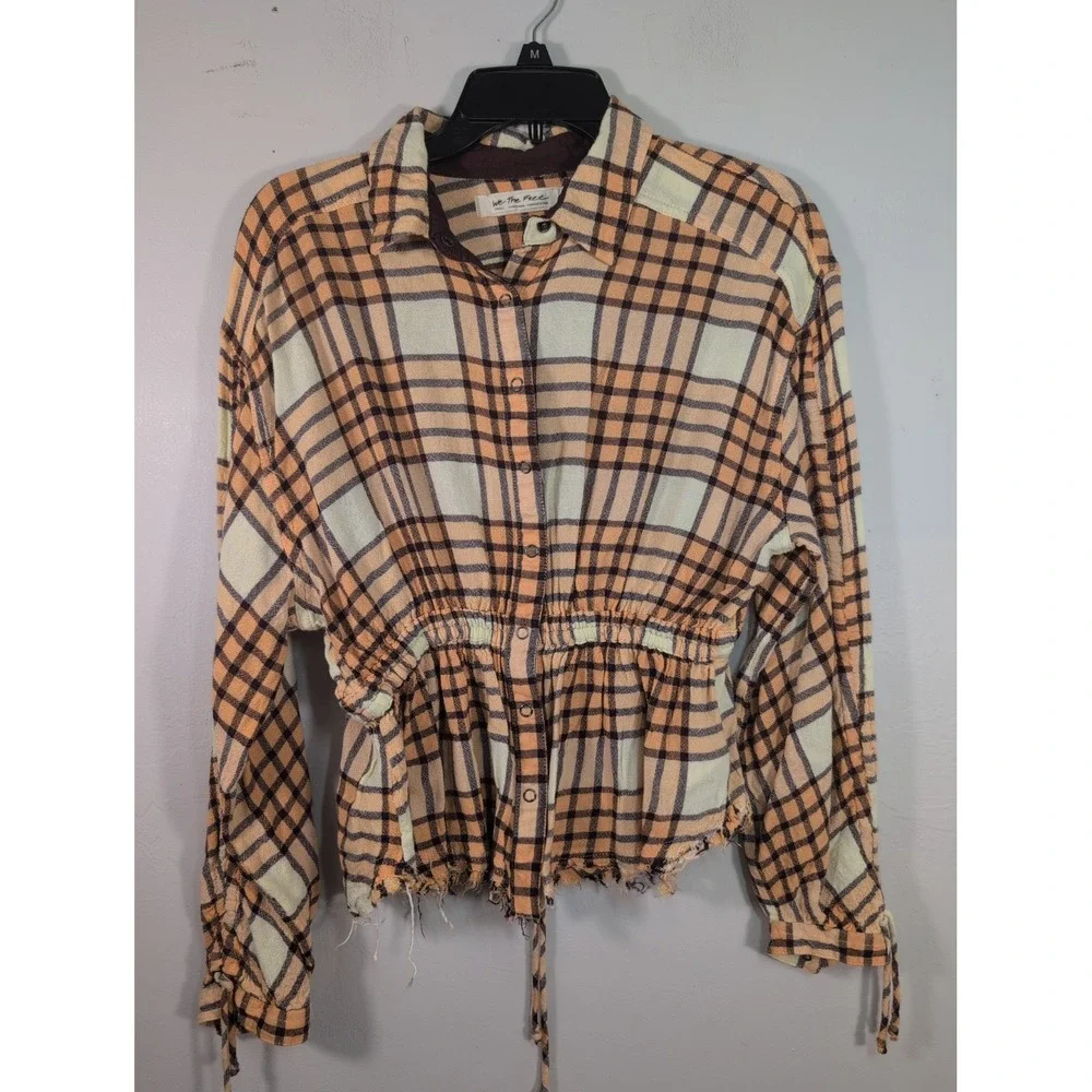 $118 Free People Pacific Dawn Plaid Shirt Peach Tree Plaid Snap Button Down S